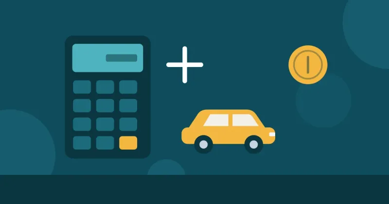 Ilustração de uma calculadora, um sinal de soma, um carro e uma moeda, representando o cálculo do IPVA