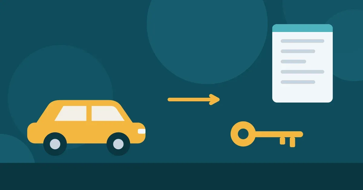 Ilustração de um carro amarelo com uma seta apontando para uma chave e um documento, representando a transferência do veículo para o novo dono