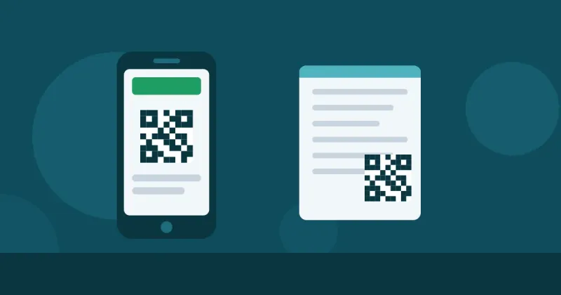 Ilustração de um celular exibindo um documento com QR Code ao lado da versão impressa do mesmo documento
