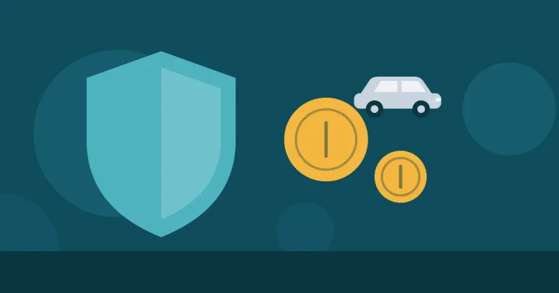 Ilustração de um escudo de proteção ao lado de moedas e de um pequeno carro, representando a franquia do seguro auto