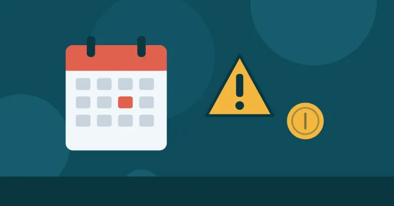 Ilustração de um calendário com uma data destacada em vermelho, um sinal de alerta e uma moeda, representando o IPVA em atraso