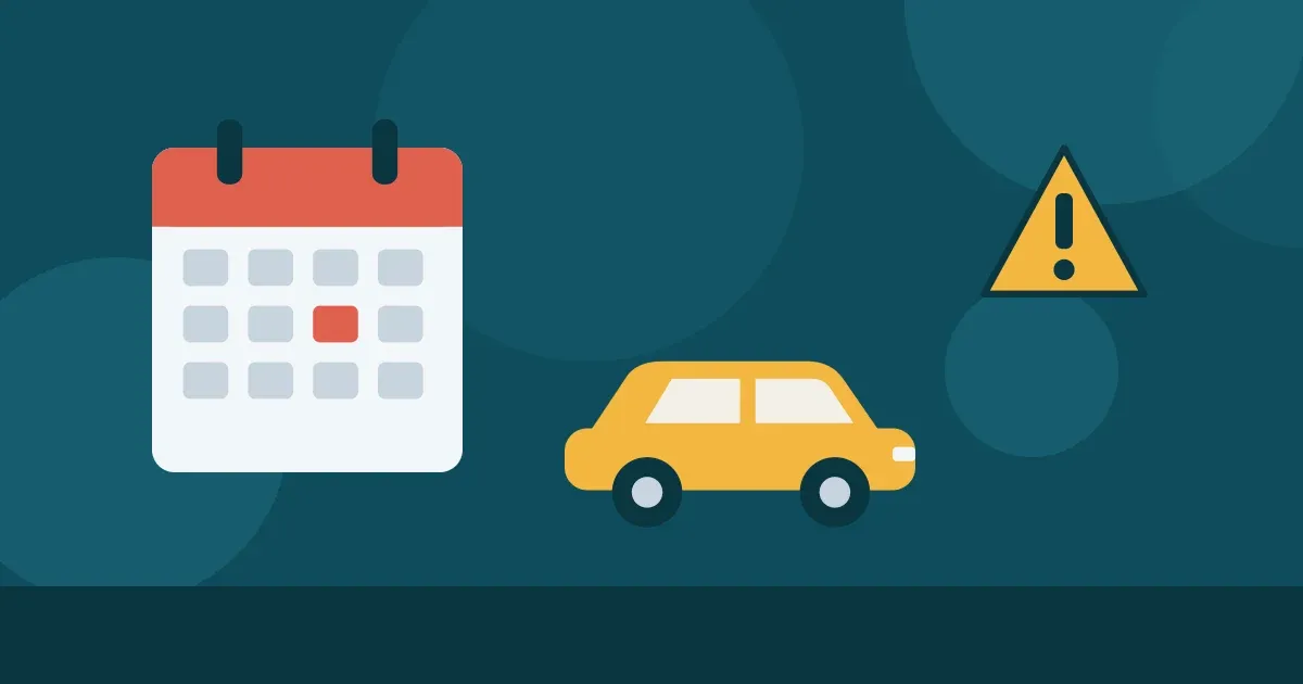 Ilustração de um calendário com data destacada, um carro e um triângulo de alerta, representando o licenciamento vencido