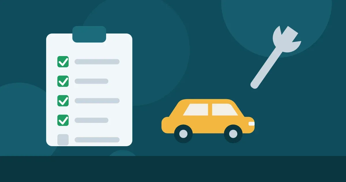 Ilustração de uma prancheta com lista de verificação, um carro e uma chave de boca, representando a revisão do veículo