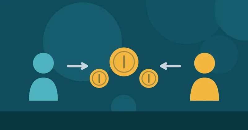 Ilustração de duas pessoas, uma de cada lado, com moedas no centro, representando a divisão do IPVA entre vendedor e comprador